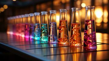 multicolorido vidro frascos e frascos com químico teste tubos dentro uma científico médico microbiológico laboratório com pesquisa equipamento foto