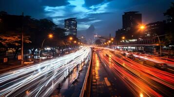 ai gerado Tempo lapso fotografia do uma ocupado estrada período noturno dentro Jacarta. grandes exposição fotografia. borrado carros luz trilhas. movimento borrão. foto