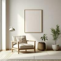 minimalista vivo quarto do artista quadro, Armação em bege tapete ai gerado foto