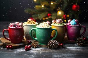 quente beber com marshmallows e doce bengala dentro colorida canecas. abeto cones, especiarias dentro a fundo. Natal quente bebidas coleção. alegre Natal. ai generativo foto