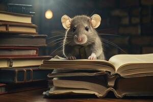 a cinzento rato é sentado com livros. ai gerado foto