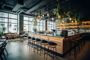 a interior do uma cafeteria ou restaurante com uma ampla número do plantas. gerado por IA foto