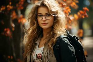 uma aluna menina com uma mochila e óculos dentro a parque dentro outono. gerado por IA foto