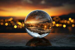 uma vidro bola com uma reflexão do a cidade dentro. gerado por IA foto