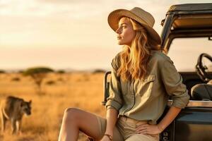 uma lindo fêmea turista explorar uma savana ai generativo foto