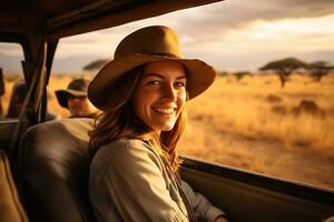 uma lindo fêmea turista explorar uma savana ai generativo foto