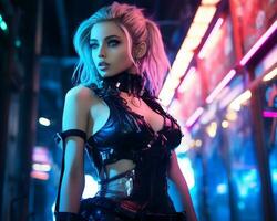 uma foto do uma menina dentro uma iluminado por neon cyberpunk vestuário dentro uma futurista paisagem urbana às noite ai generativo