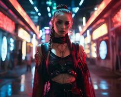 uma foto do uma menina dentro uma iluminado por neon cyberpunk vestuário dentro uma futurista paisagem urbana às noite ai generativo