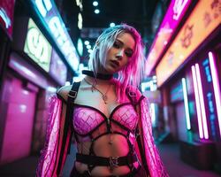 uma foto do uma menina dentro uma iluminado por neon cyberpunk vestuário dentro uma futurista paisagem urbana às noite ai generativo