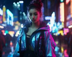 uma foto do uma menina dentro uma iluminado por neon cyberpunk vestuário dentro uma futurista paisagem urbana às noite ai generativo