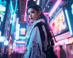 uma foto do uma menina dentro uma iluminado por neon cyberpunk vestuário dentro uma futurista paisagem urbana às noite ai generativo