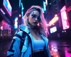 uma foto do uma menina dentro uma iluminado por neon cyberpunk vestuário dentro uma futurista paisagem urbana às noite ai generativo