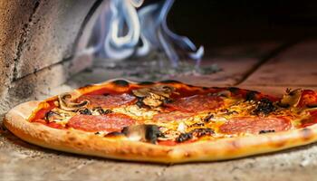 macro foto do pizza dentro uma a lenha forno com luz fumaça