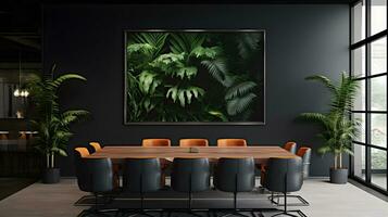 moderno conferência quarto interior com Sombrio cinzento paredes, tropical plantas poster foto