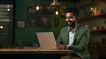 retrato do uma sorridente indiano homem de negocios usando computador portátil dentro uma cafeteria foto