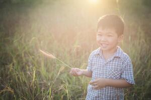 menino asiático feliz brincando ao ar livre. bonito asiático. menino em campo. foto