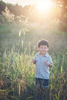 menino asiático feliz brincando ao ar livre. bonito asiático. menino em campo. foto