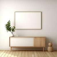 minimalista quadro, Armação e de madeira console com silhueta iluminação ai gerado foto