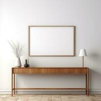 minimalista quadro, Armação e de madeira console com silhueta iluminação ai gerado foto