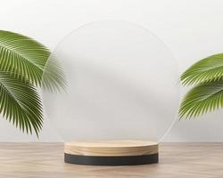 pódio redondo de plataforma de madeira para exposição de produtos com folhas de palmeira 3d foto