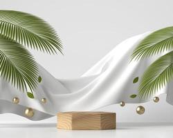 plataforma de madeira pódio para exposição de produtos com folhas de palmeira renderização em 3D foto