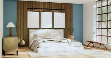 wabi sabi cama e decoartion plantas dentro japonês azul quarto. 3d Renderização. foto