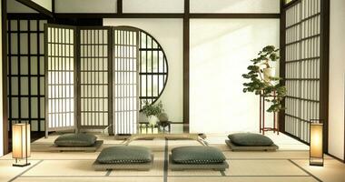 zen quarto interior com baixo mesa e travesseiro em tatame esteira dentro de madeira quarto japonês estilo. foto