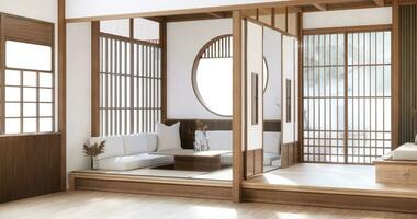 Japão estilo esvaziar quarto decorado com chão e parede de madeira . foto