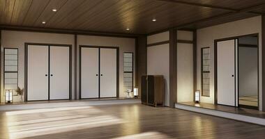 muji estilo, esvaziar de madeira quarto, limpeza japandi quarto interior, foto