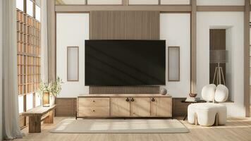 simulação de gabinete de tv em quarto vazio moderno zen designs minimalistas japoneses, renderização em 3D foto