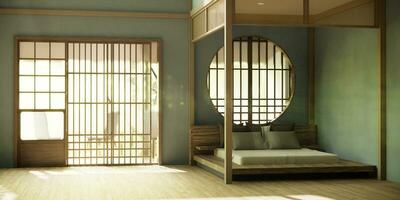 Japão estilo esvaziar quarto decorado com de madeira cama, branco parede e de madeira muro. foto