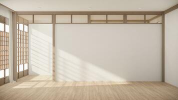 muji estilo, esvaziar de madeira quarto, limpeza japandi quarto interior, 3d Renderização foto