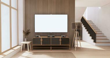 gabinete de madeira japandi Projeto em vivo quarto wabi sabi estilo esvaziar parede fundo foto