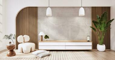 de madeira gabinete dentro muji esvaziar sala, japandi mínimo projetos. 3d Renderização foto
