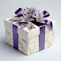 uma branco presente caixa com uma roxa flor em isto e uma roxa fita - ai generativo foto