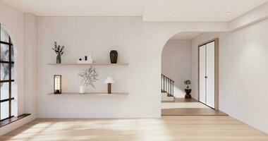 muji estilo, esvaziar de madeira quarto, limpeza japandi quarto interior, 3d Renderização foto
