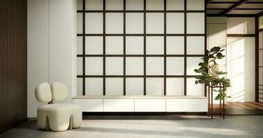 minimalista japandi estilo vivo quarto decorado com sofá foto