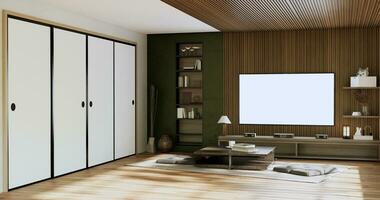 gabinete televisão de madeira japonês Projeto em quarto mínimo interior.3d Renderização foto