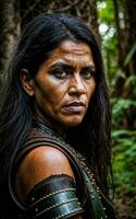 foto do selvagem tribal mulher vestindo armaduras dentro a selva, generativo ai