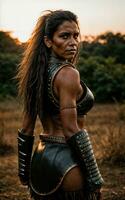 foto do selvagem tribal mulher vestindo armaduras dentro a selva, generativo ai