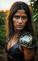 foto do selvagem tribal mulher vestindo armaduras dentro a selva, generativo ai