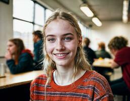 foto do feliz menina adolescente dentro cantina escola, generativo ai