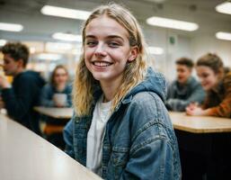 foto do feliz menina adolescente dentro cantina escola, generativo ai