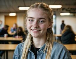 foto do feliz menina adolescente dentro cantina escola, generativo ai