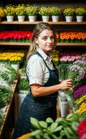 foto do mulher Como uma florista flor loja, generativo ai