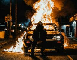 foto do homem vestindo moletom com capuz Jaqueta dentro frente do queimando carro cobrir com fogo, generativo ai