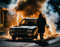 foto do homem vestindo moletom com capuz Jaqueta dentro frente do queimando carro cobrir com fogo, generativo ai