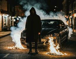 foto do homem vestindo moletom com capuz Jaqueta dentro frente do queimando carro cobrir com fogo, generativo ai