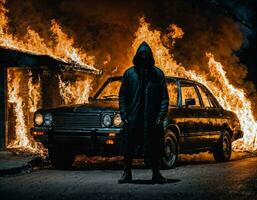 foto do homem vestindo moletom com capuz Jaqueta dentro frente do queimando carro cobrir com fogo, generativo ai