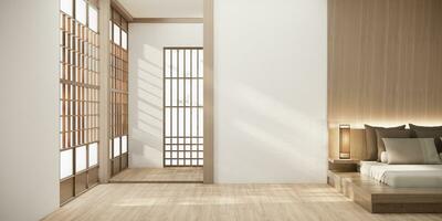Japão estilo esvaziar quarto decorado com de madeira cama, branco parede e de madeira muro. foto